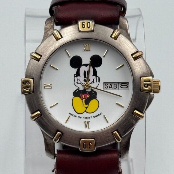 Disney Time Works Watch Mickey Mouse Day Date Brown Leather Band Unisex Vintage - Picture 4 of 8
